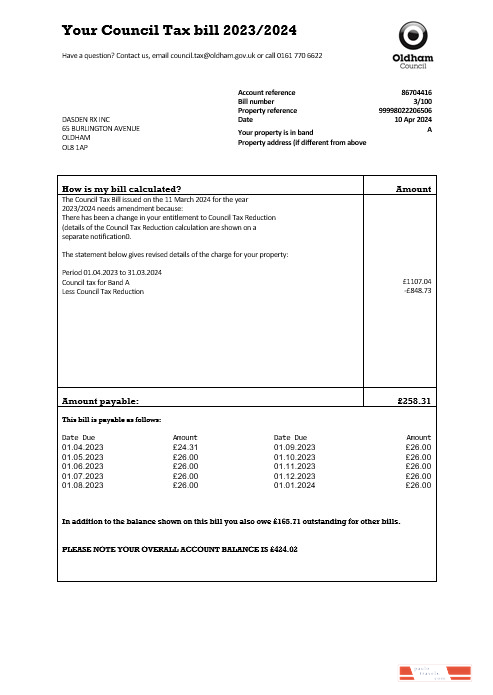 United Kingdom Oldham council tax business utility bill template in Word and PDF formats